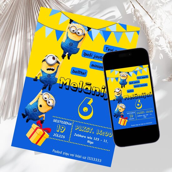 Minionu bērnu dzimšanas dienas ballītes digitāls ielūgums